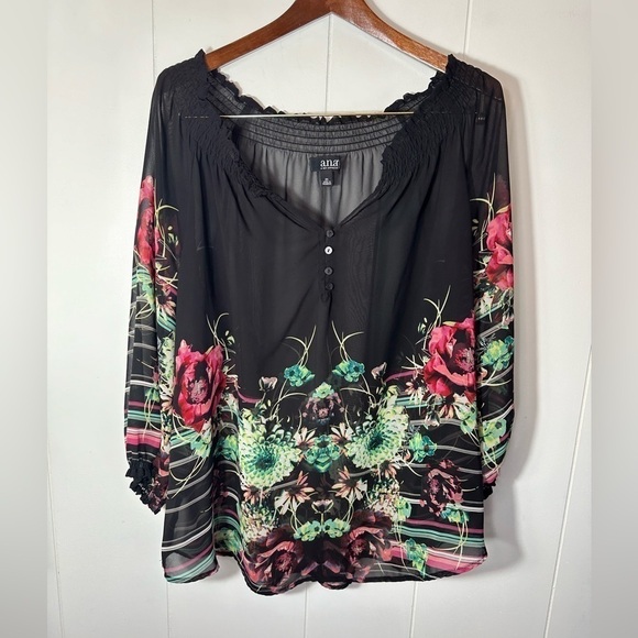 a.n.a. Women’s Black Sheer Floral Blouse Size 2X - Picture 2 of 10